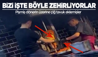 Pişmiş dönerin üzerine çiğ tavuk ekleyen kişileri kamera anbean kaydetti