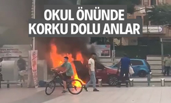 Okul önünde yanan araç korkuttu