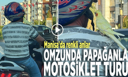 Manisa'da renkli anlar: Omzunda papağanla motosiklet turu