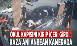 Kontrolden çıkan otomobil okul kapısını kırıp içeri girdi! Kaza anı anbean kamerada