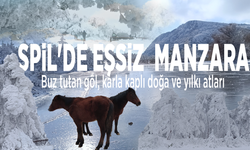 Spil'de eşsiz  manzara: Buz tutan göl, karla kaplı doğa ve yılkı atları