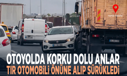 Otoyolda korku dolu anlar... Tır otomobili önüne alıp sürükledi