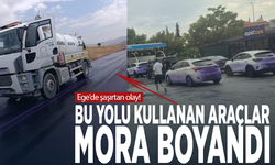 Ege'de şaşırtan olay! Bu yolu kullanan araçlar mora boyandı