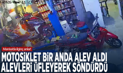Manisa’da ilginç anlar! Motosiklet bir anda alev aldı, alevleri üfleyerek söndürdü
