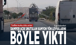 Trafikte korku dolu anlar! Damperi açık unutulan kamyon yön levhalarını böyle yıktı