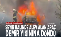 Trafikte korku dolu anlar! Seyir halinde alev alan araç demir yığınına döndü