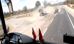 Ciple çarpışan traktör ikiye bölündü! Kaza anı kamerada