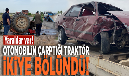 Otomobilin çarptığı traktör ikiye bölündü! Yaralılar var
