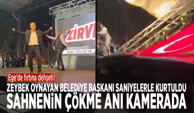 Ege’de fırtına dehşeti! Zeybek oynayan belediye başkanı saniyelerle kurtuldu: Sahnenin çökme anı kamerada