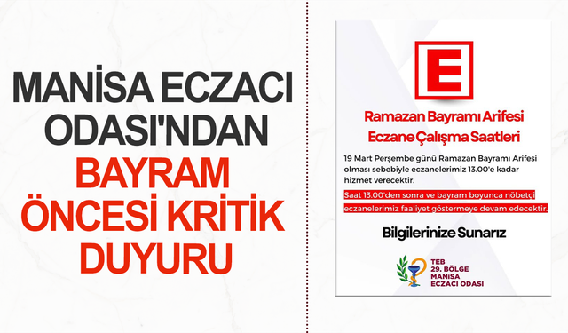 Manisa'da Bayramda Eczanelerin Çalışma Saatleri Belli Oldu