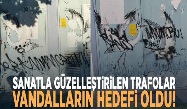 Sanat eserine çirkin saldırı! Trafodaki leylek figürü sprey boyayla tahrip edildi