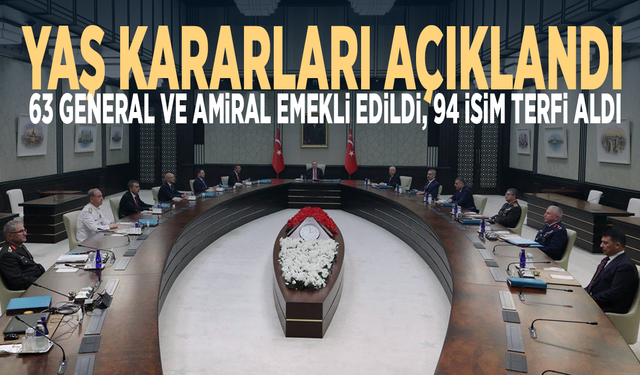 YAŞ kararları açıklandı... 63 general ve amiral emekli edildi, 94 isim terfi aldı