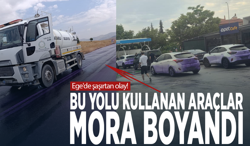 Ege'de şaşırtan olay! Bu yolu kullanan araçlar mora boyandı