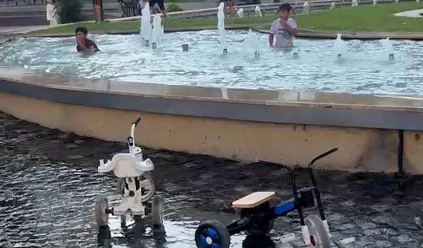 Elektirk akımına aldırış etmeden süs havuzunda yüzdüler