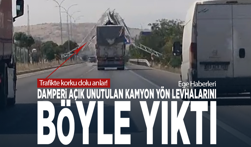 Trafikte korku dolu anlar! Damperi açık unutulan kamyon yön levhalarını böyle yıktı
