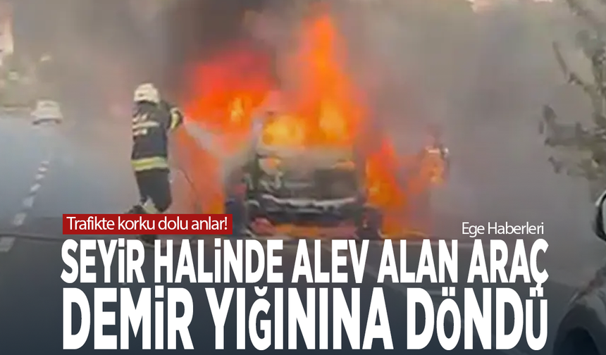 Trafikte korku dolu anlar! Seyir halinde alev alan araç demir yığınına döndü