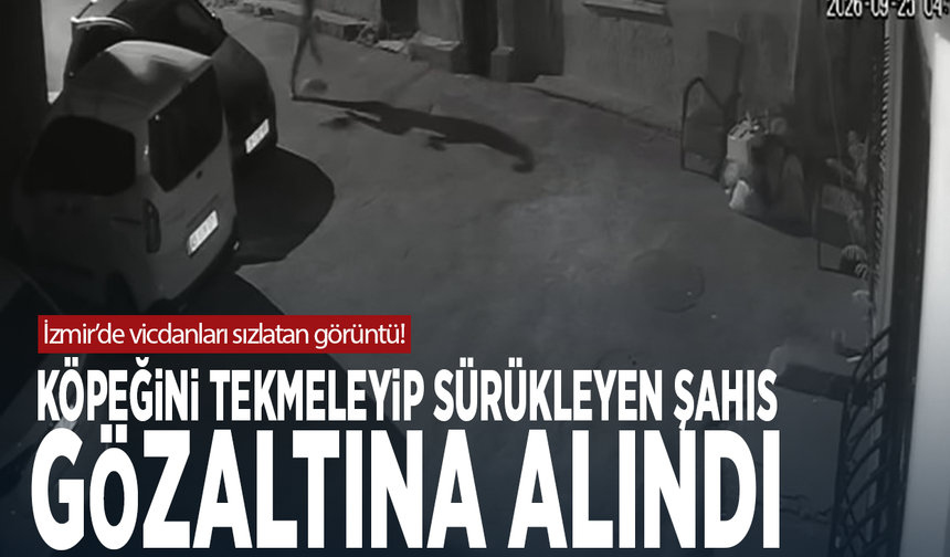 İzmir’de vicdanları sızlatan görüntü! Köpeğini tekmeleyip sürükleyen şahıs gözaltına alındı